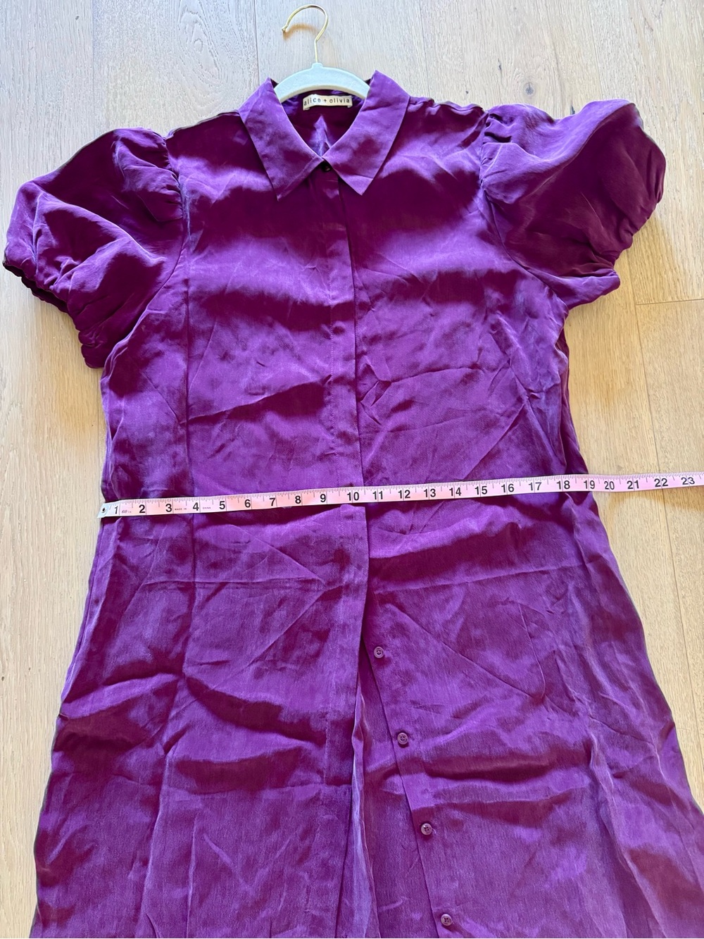 Alice + Olivia Jem Puff-Sleeve Shirt Dress Boysenberry Purple Cupro - Picture 13 of 14